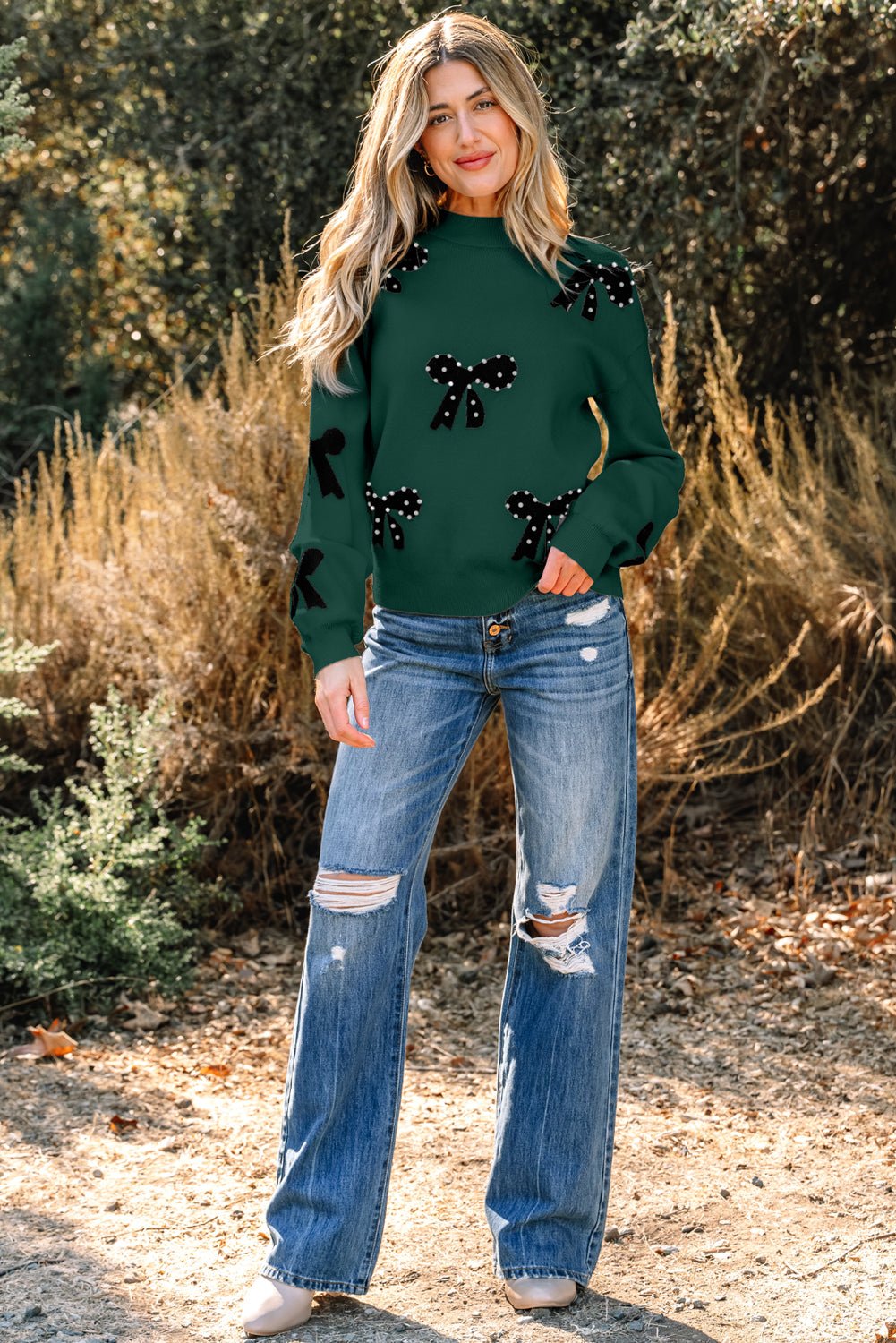Blackish Green Pearl Embellished Bow Pattern Loose Sweater - Goddess Vibes