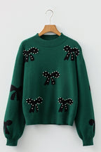 Blackish Green Pearl Embellished Bow Pattern Loose Sweater - Goddess Vibes
