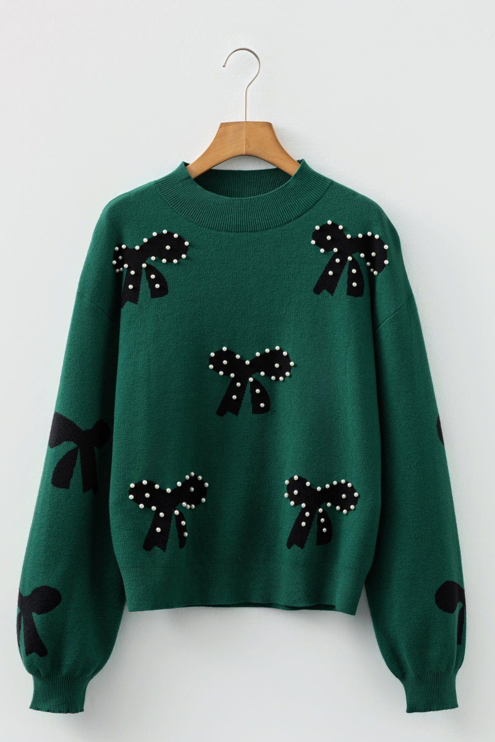 Blackish Green Pearl Embellished Bow Pattern Loose Sweater - Goddess Vibes