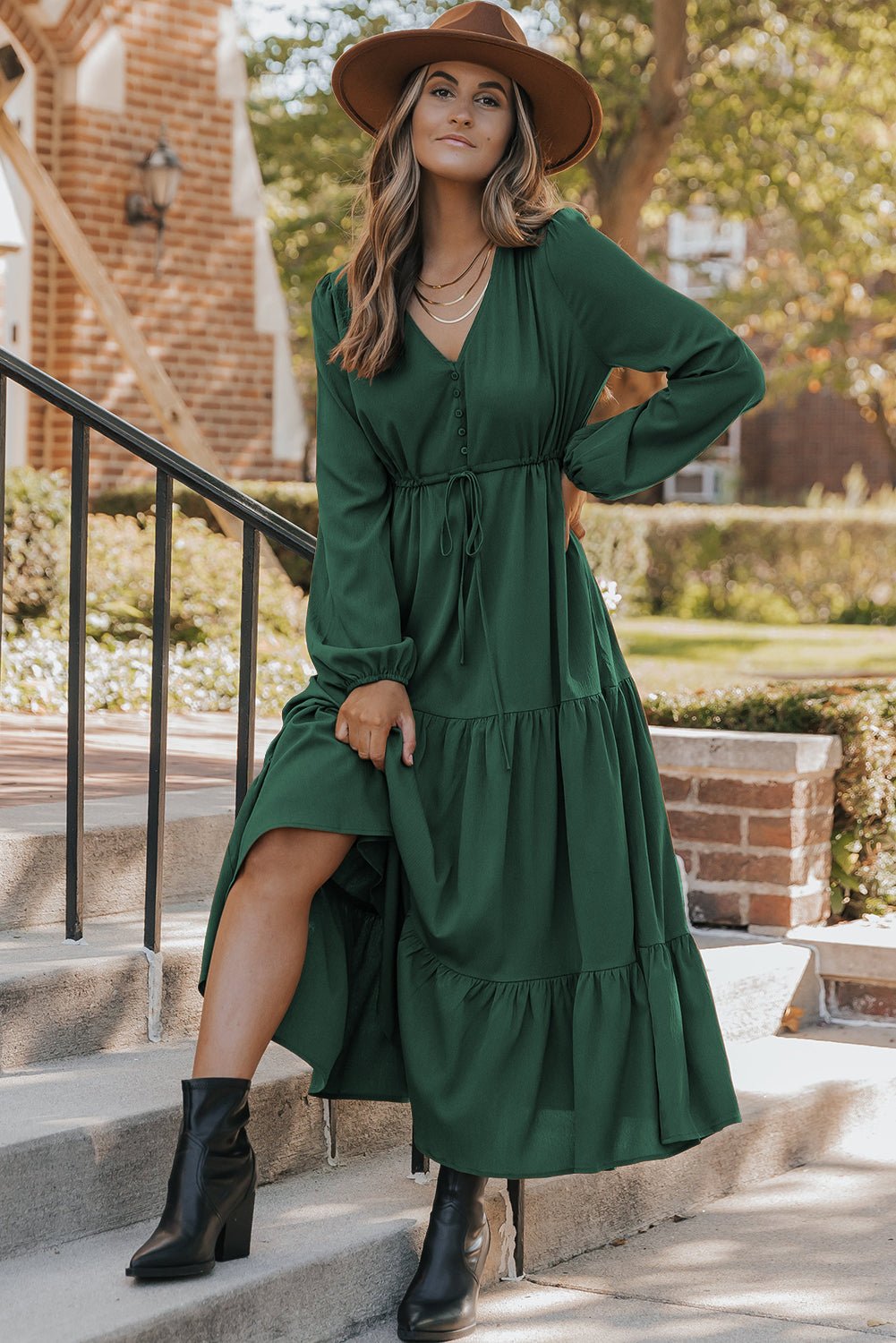Blackish Green Solid Long Sleeve Button V Neck Tiered Maxi Dress - Crowned Energy CO.