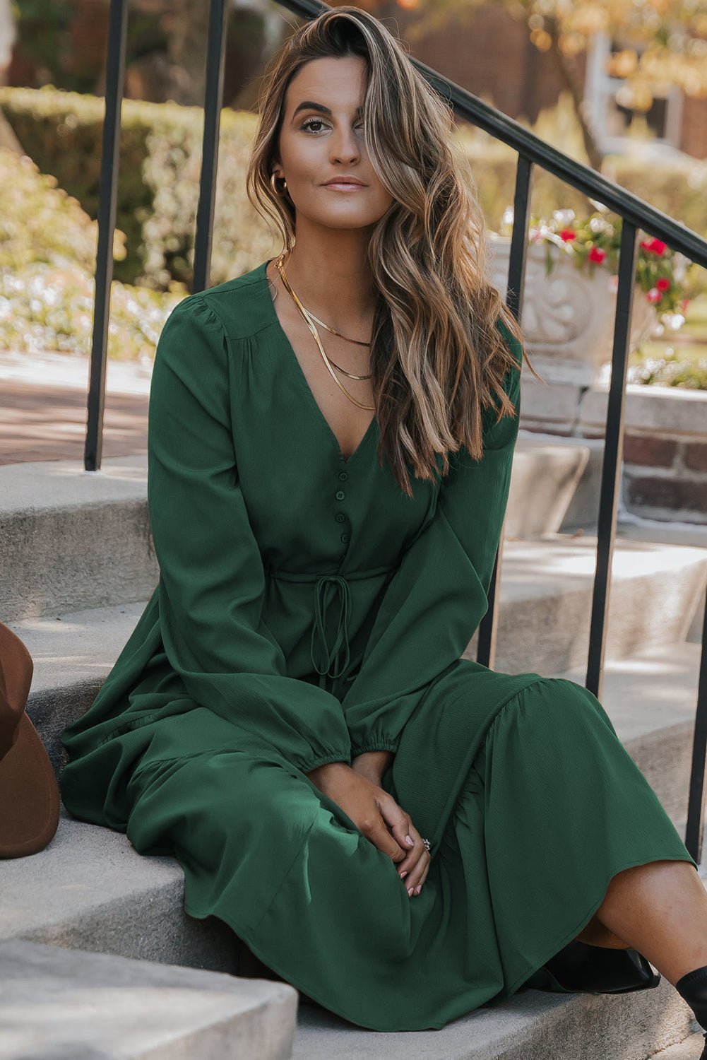 Blackish Green Solid Long Sleeve Button V Neck Tiered Maxi Dress - Crowned Energy CO.