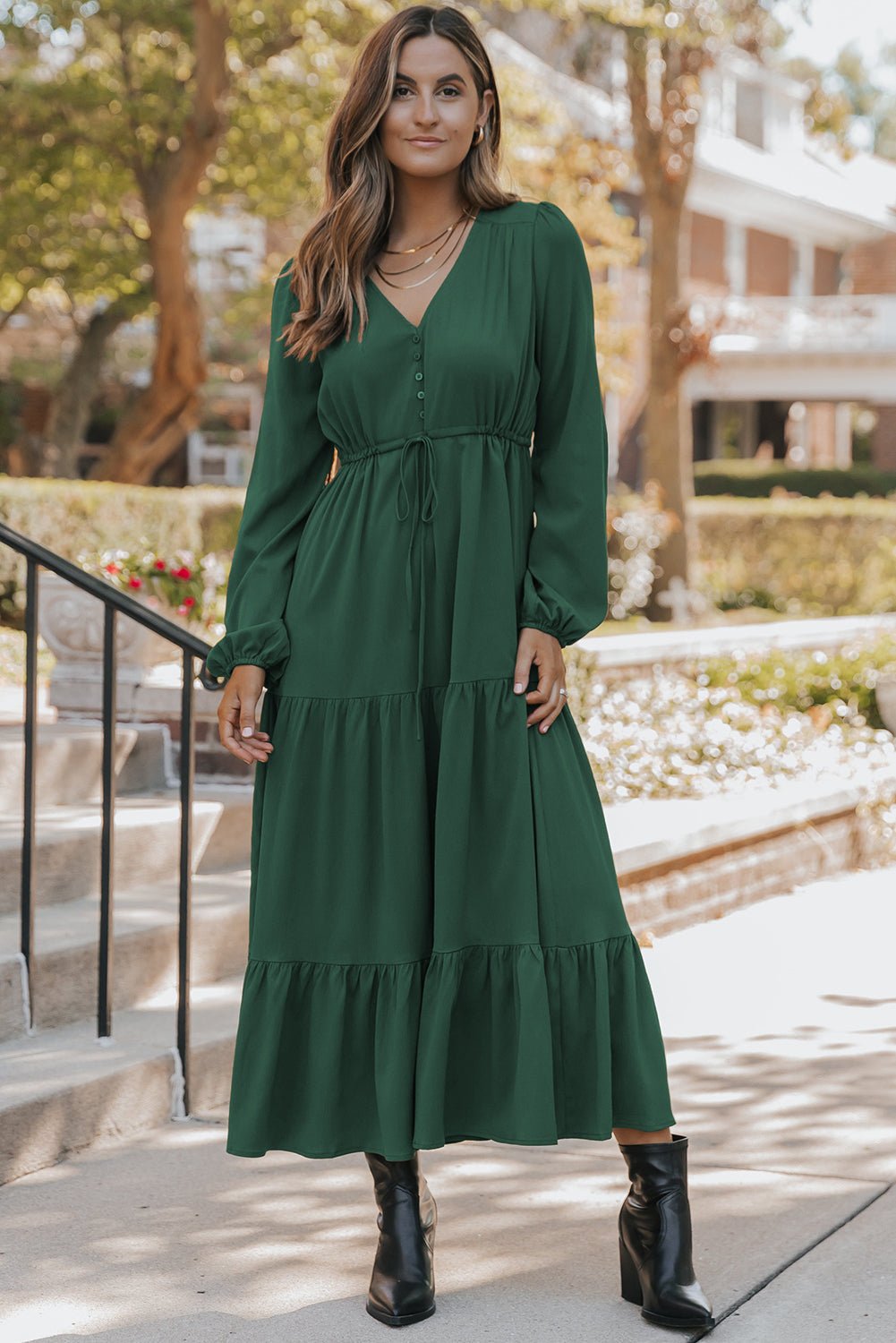 Blackish Green Solid Long Sleeve Button V Neck Tiered Maxi Dress - Crowned Energy CO.