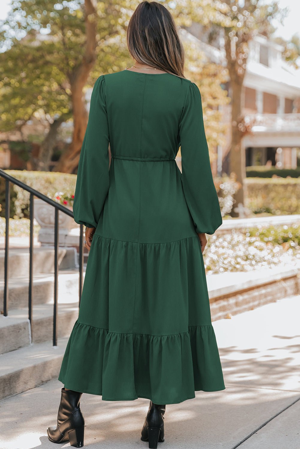 Blackish Green Solid Long Sleeve Button V Neck Tiered Maxi Dress - Crowned Energy CO.