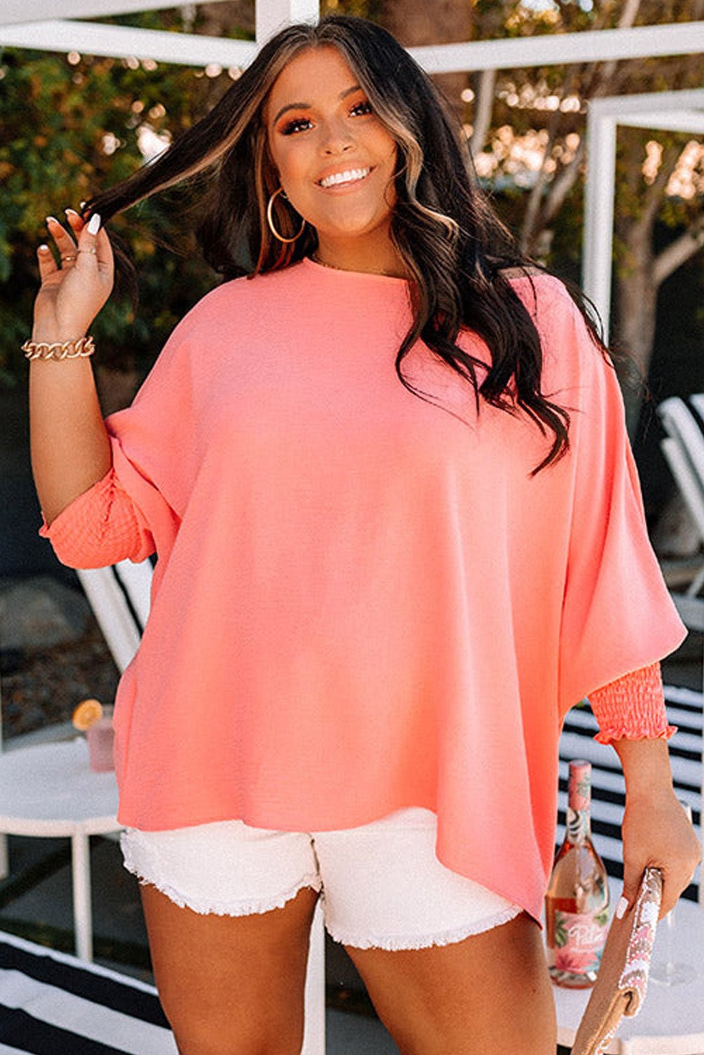 Blossom Shirred Cuffs Half Sleeve Plus Size Textured Blouse - Goddess Vibes