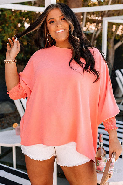 Blossom Shirred Cuffs Half Sleeve Plus Size Textured Blouse - Goddess Vibes