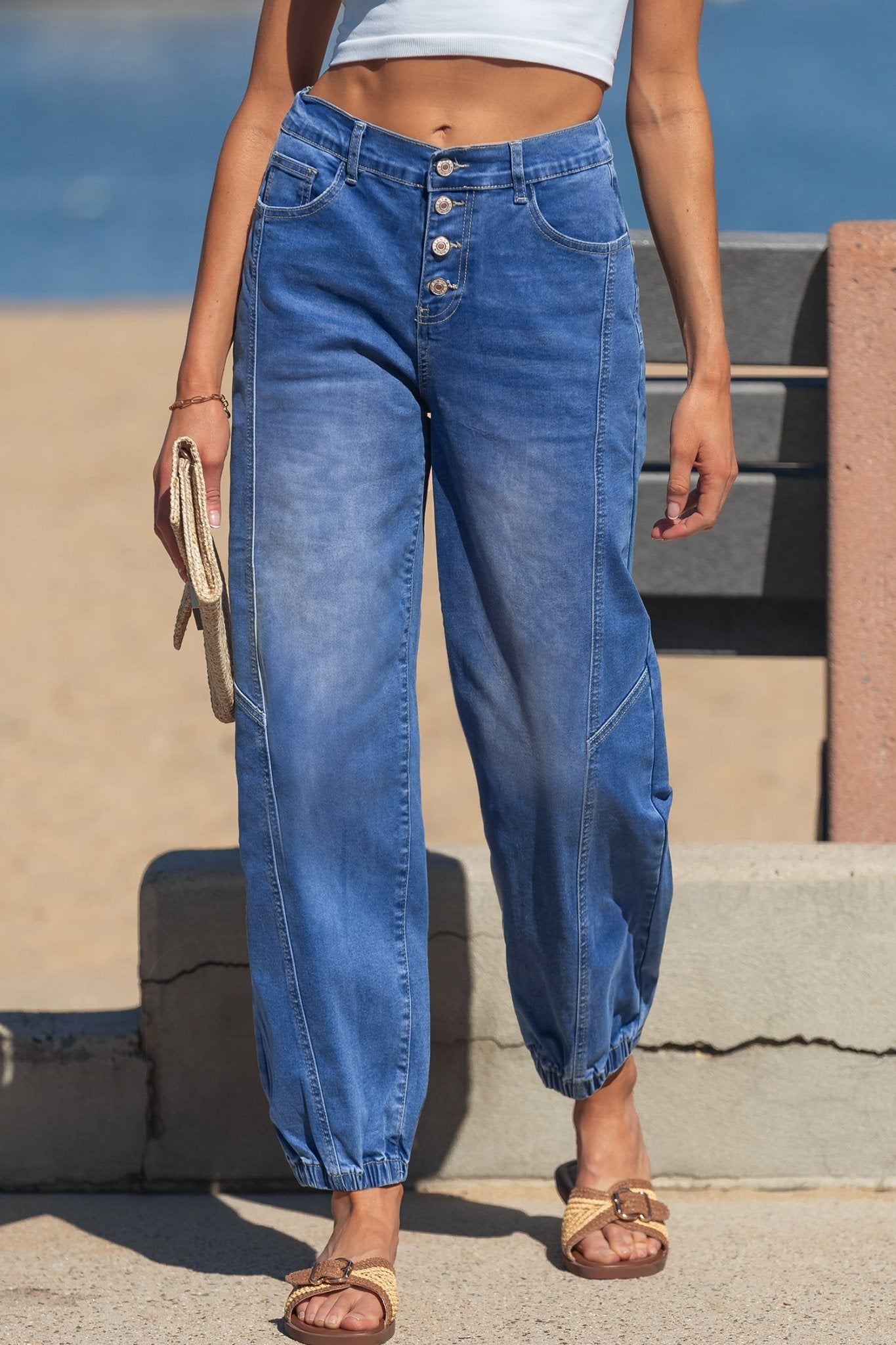 Blue 4 Buttons Front Tapered Casual Loose Fit Jeans - Crowned Energy CO.