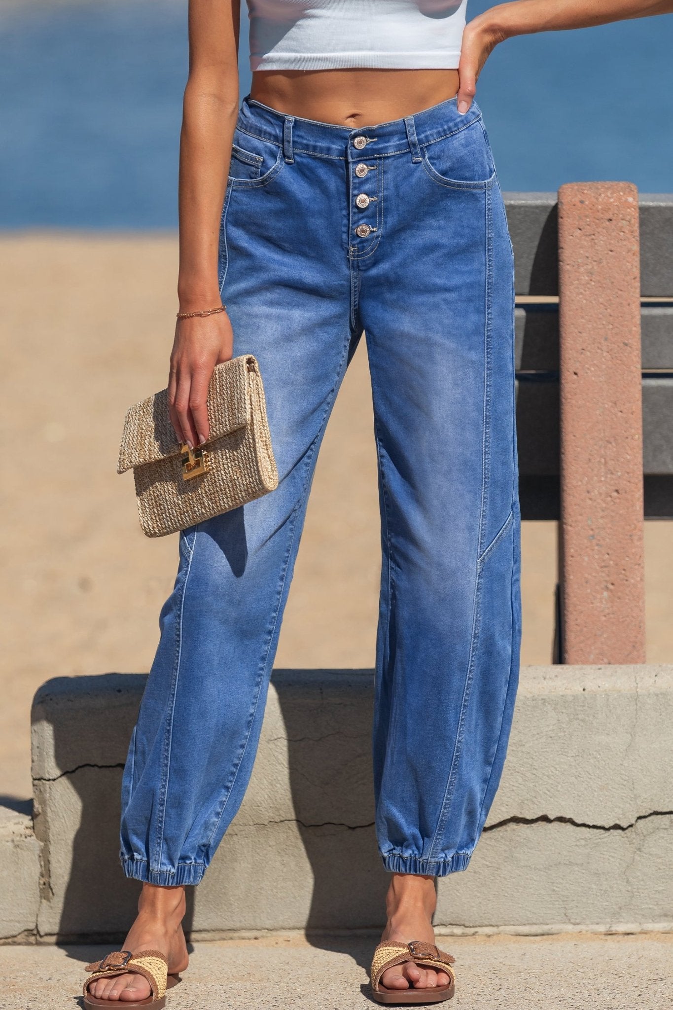 Blue 4 Buttons Front Tapered Casual Loose Fit Jeans - Crowned Energy CO.