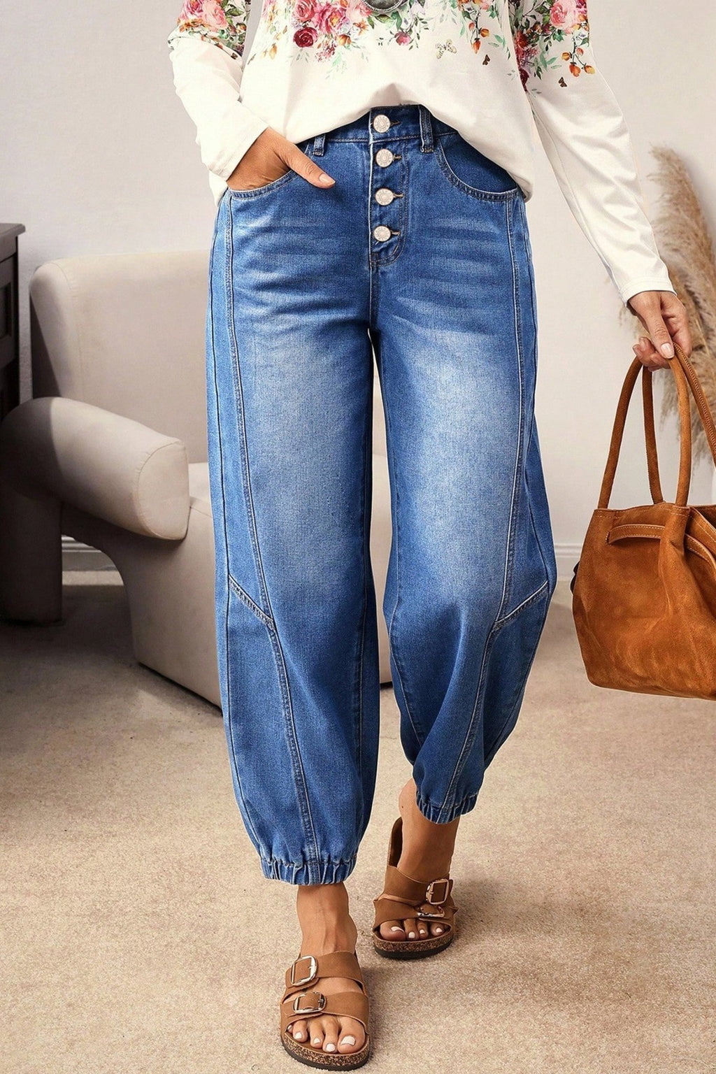 Blue 4 Buttons Front Tapered Casual Loose Fit Jeans - Crowned Energy CO.