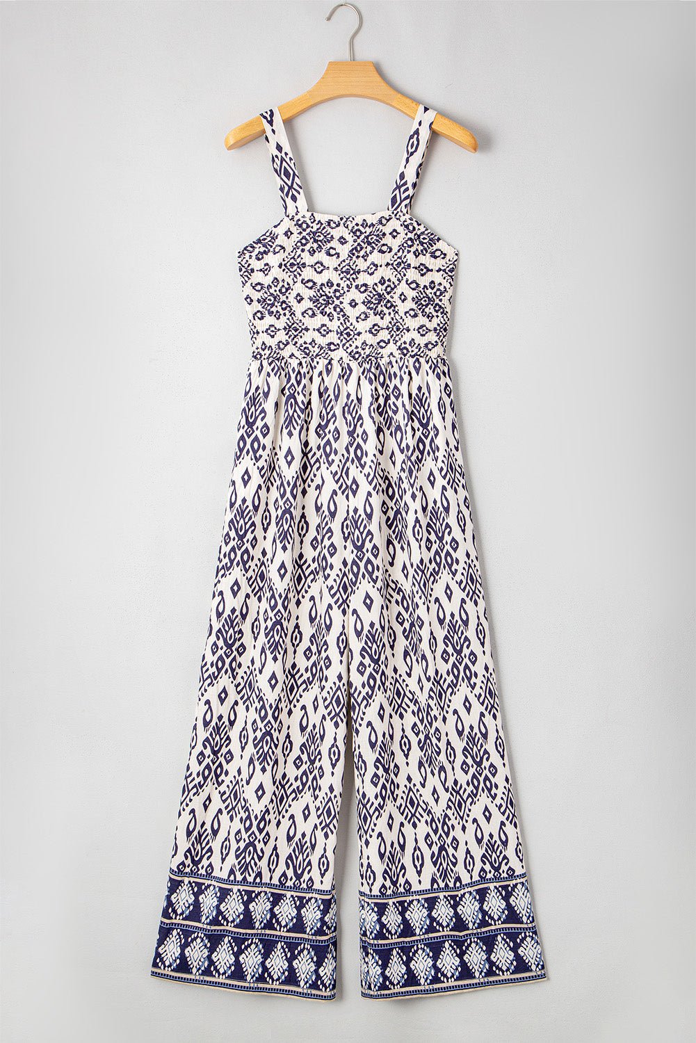 Blue Boho Geometric Print Shirred High Waist Wide Leg Jumpsuit - Crowned Energy CO.