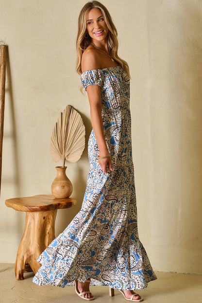Blue Boho Paisley Print Off Shoulder Maxi Dress - Goddess Vibes