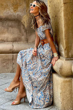 Blue Boho Paisley Print Off Shoulder Maxi Dress - Goddess Vibes