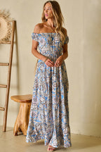Blue Boho Paisley Print Off Shoulder Maxi Dress - Goddess Vibes