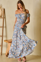 Blue Boho Paisley Print Off Shoulder Maxi Dress - Goddess Vibes