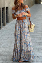 Blue Boho Paisley Print Off Shoulder Maxi Dress - Goddess Vibes
