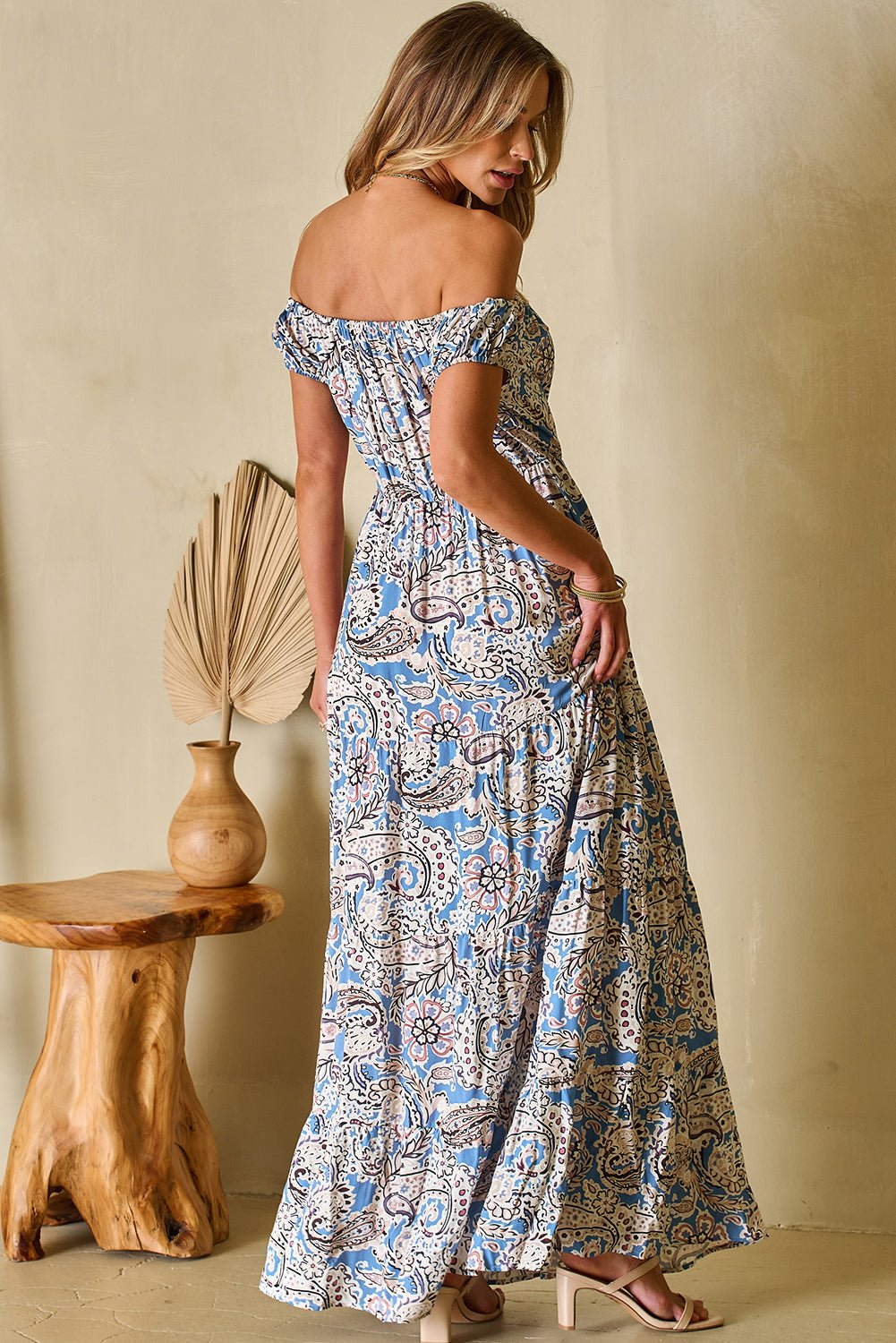 Blue Boho Paisley Print Off Shoulder Maxi Dress - Goddess Vibes