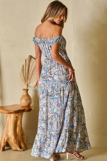 Blue Boho Paisley Print Off Shoulder Maxi Dress - Goddess Vibes