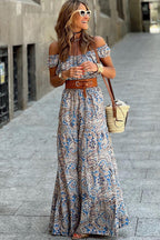 Blue Boho Paisley Print Off Shoulder Maxi Dress - Goddess Vibes