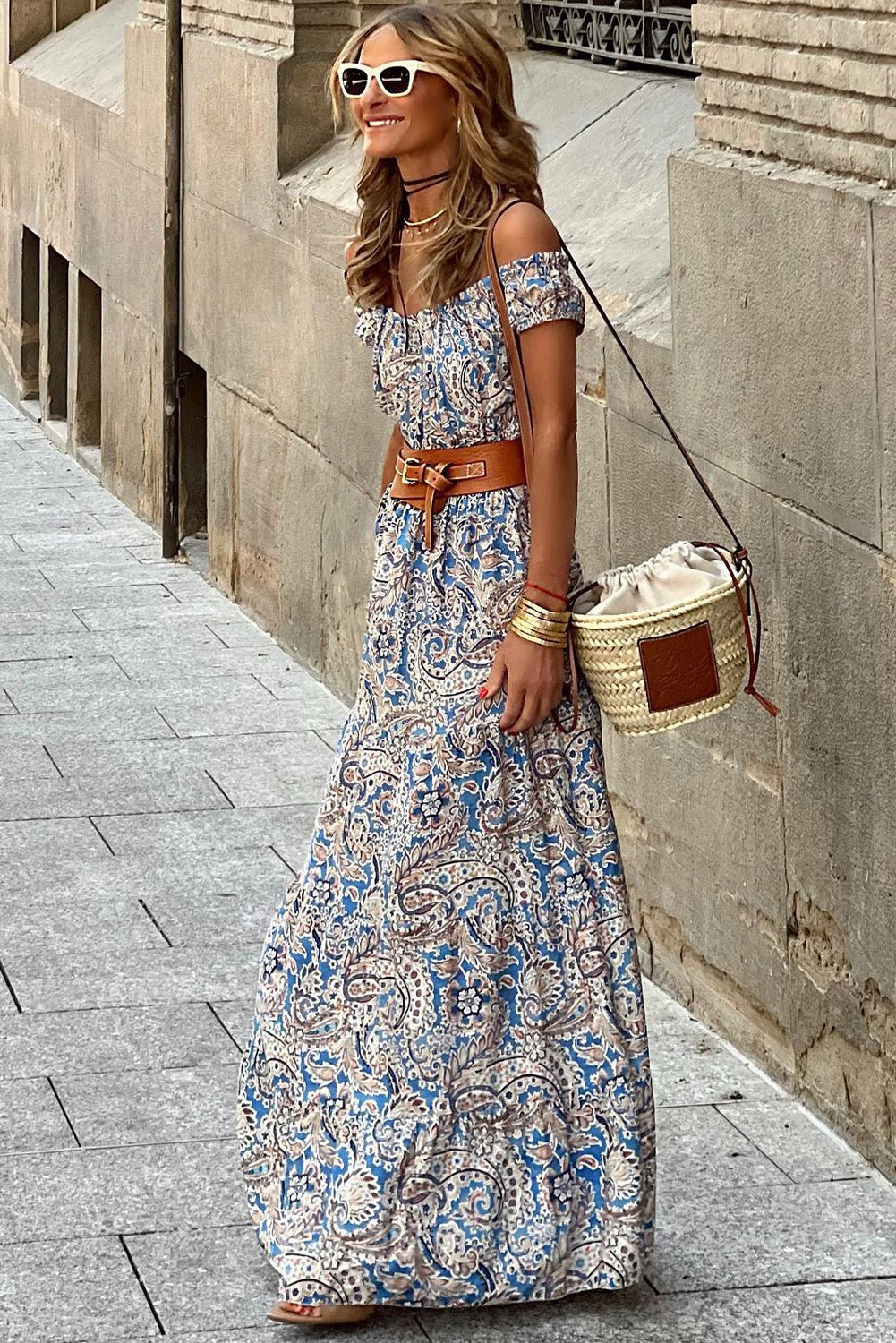 Blue Boho Paisley Print Off Shoulder Maxi Dress - Goddess Vibes