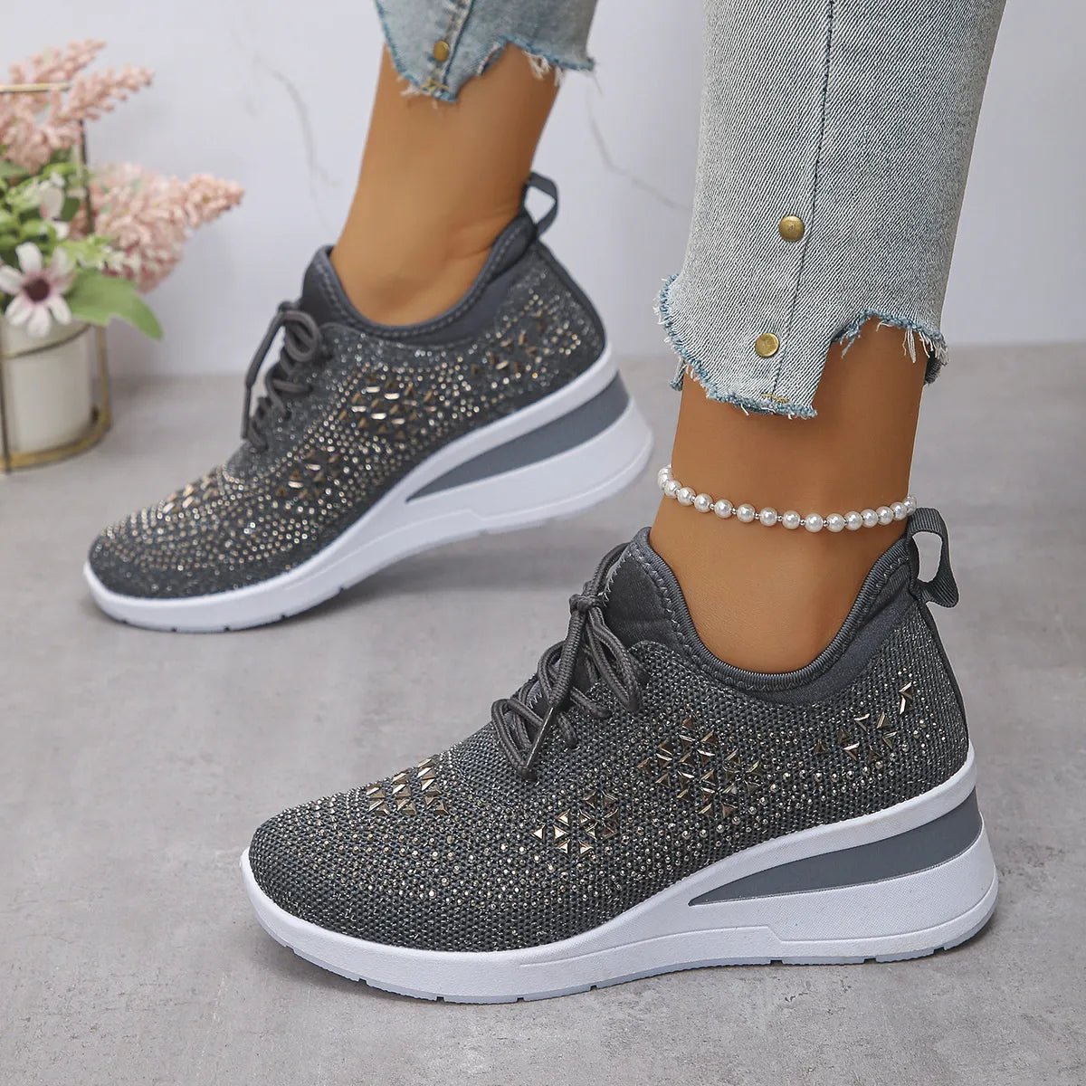 Breathable Mesh Rhinestone Wedge Athletic Sneakers - Crowned Energy CO.