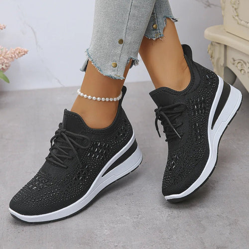 Breathable Mesh Rhinestone Wedge Athletic Sneakers - Crowned Energy CO.