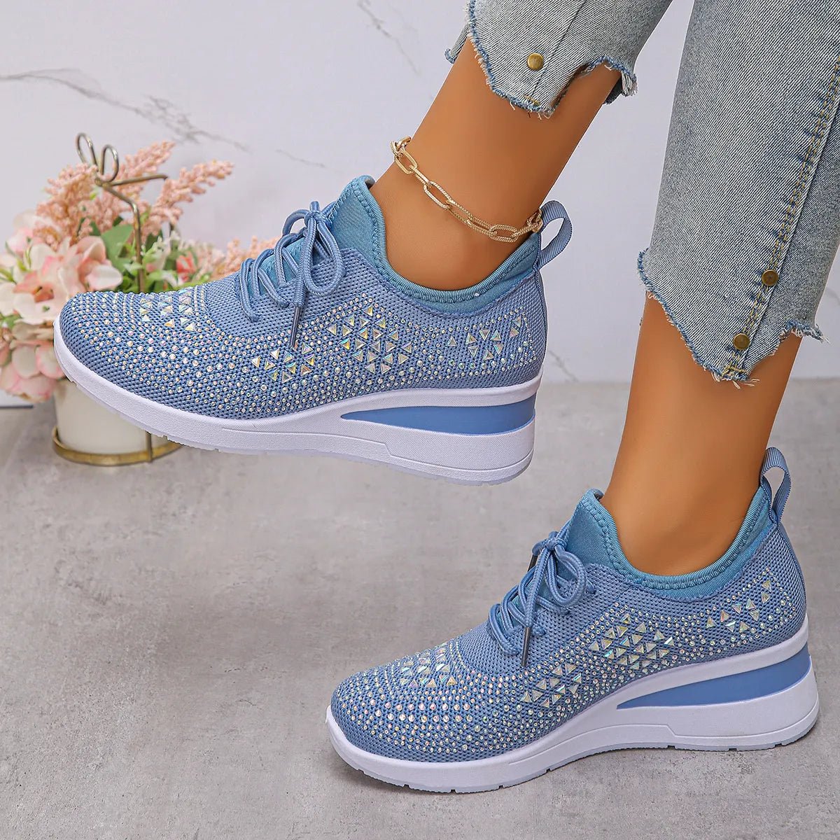 Breathable Mesh Rhinestone Wedge Athletic Sneakers - Crowned Energy CO.