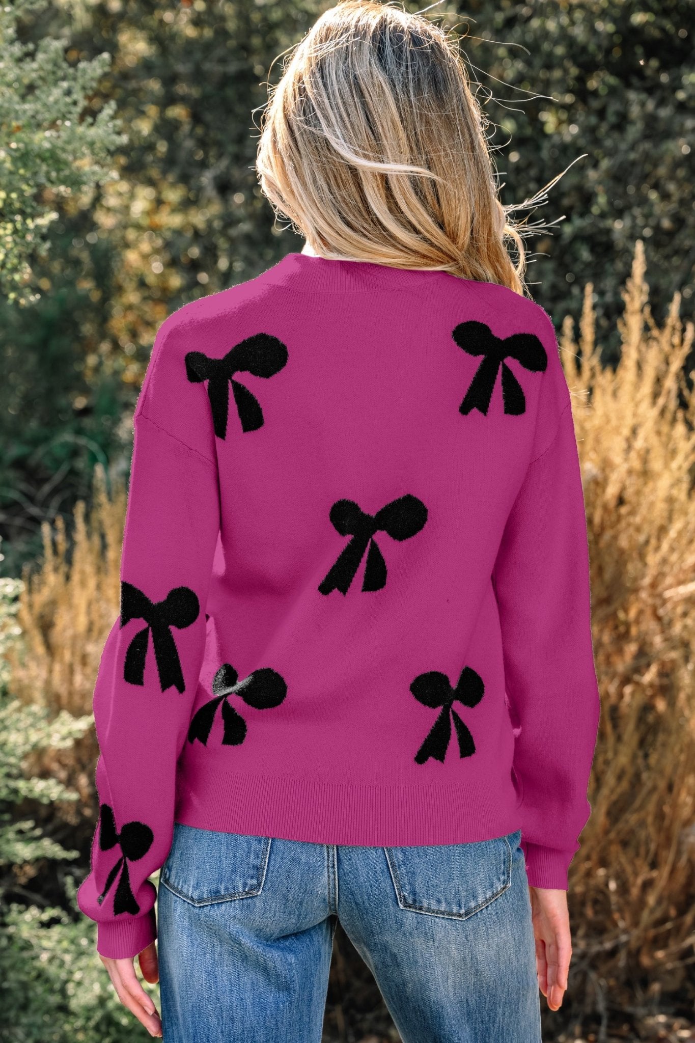 Bright Pink Pearl Embellished Bow Pattern Loose Sweater - Crowned Energy CO.