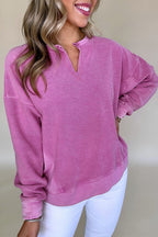 Bright Pink Solid Color Notched Neck Drop Shoulder Sweatshirt - Goddess Vibes