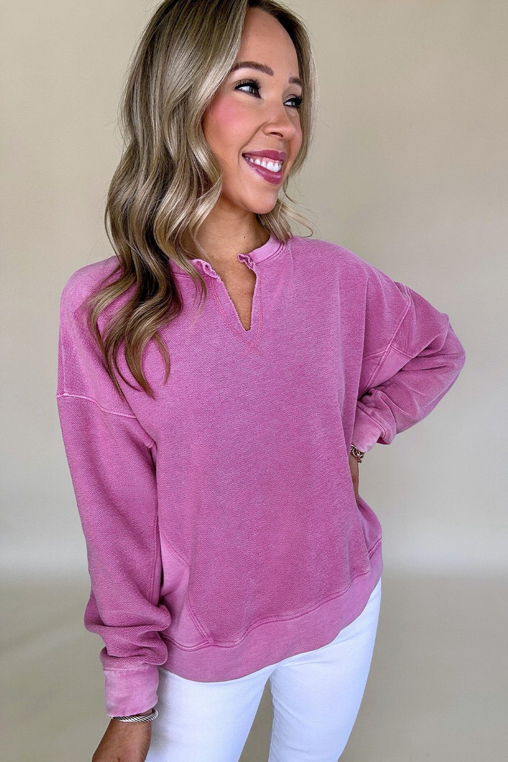 Bright Pink Solid Color Notched Neck Drop Shoulder Sweatshirt - Goddess Vibes
