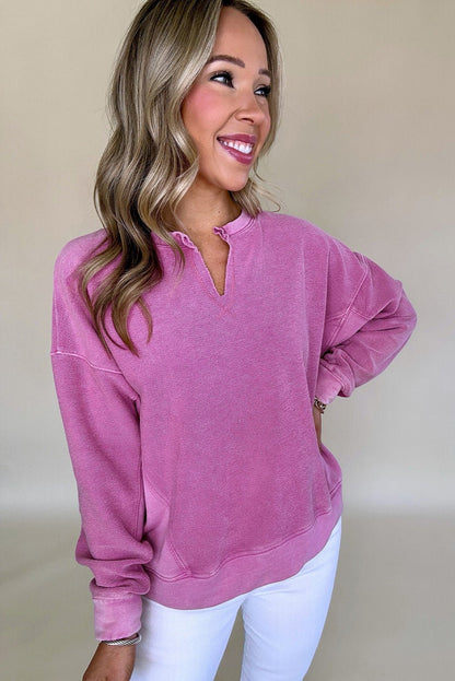Bright Pink Solid Color Notched Neck Drop Shoulder Sweatshirt - Goddess Vibes