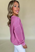 Bright Pink Solid Color Notched Neck Drop Shoulder Sweatshirt - Goddess Vibes