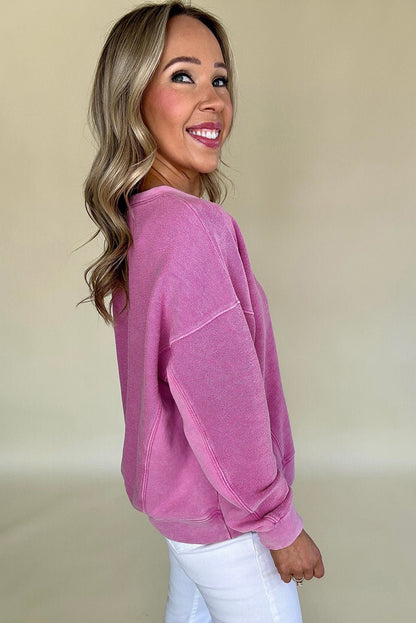 Bright Pink Solid Color Notched Neck Drop Shoulder Sweatshirt - Goddess Vibes