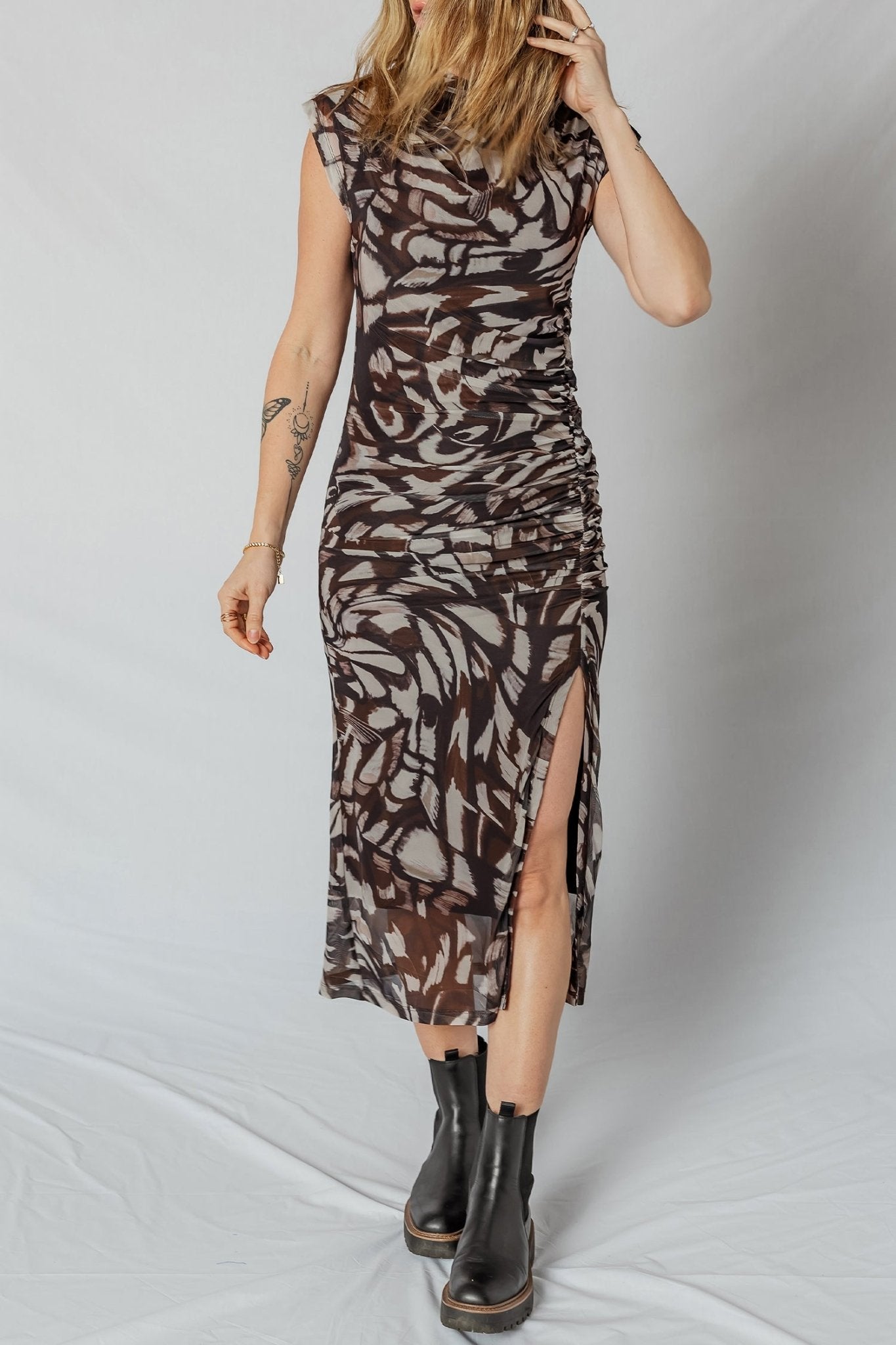 Brown Abstract Print Mesh Cowl Neck Cap Sleeve Ruched Midi Dress with Slit - Crowned Energy CO.