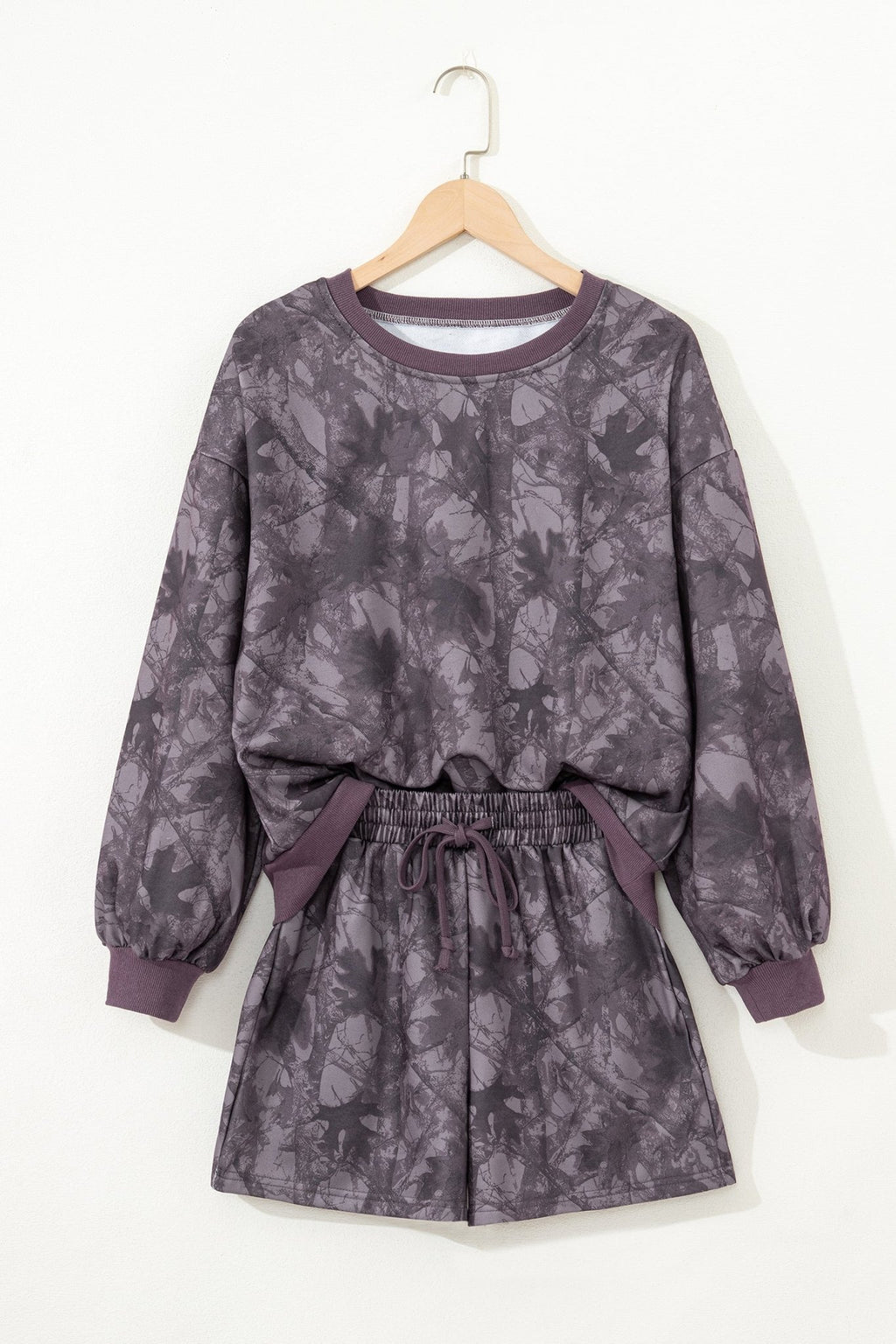 Brown Abstract Woodland Camo Print Baggy Pullover Drawstring Shorts Set - Crowned Energy CO.