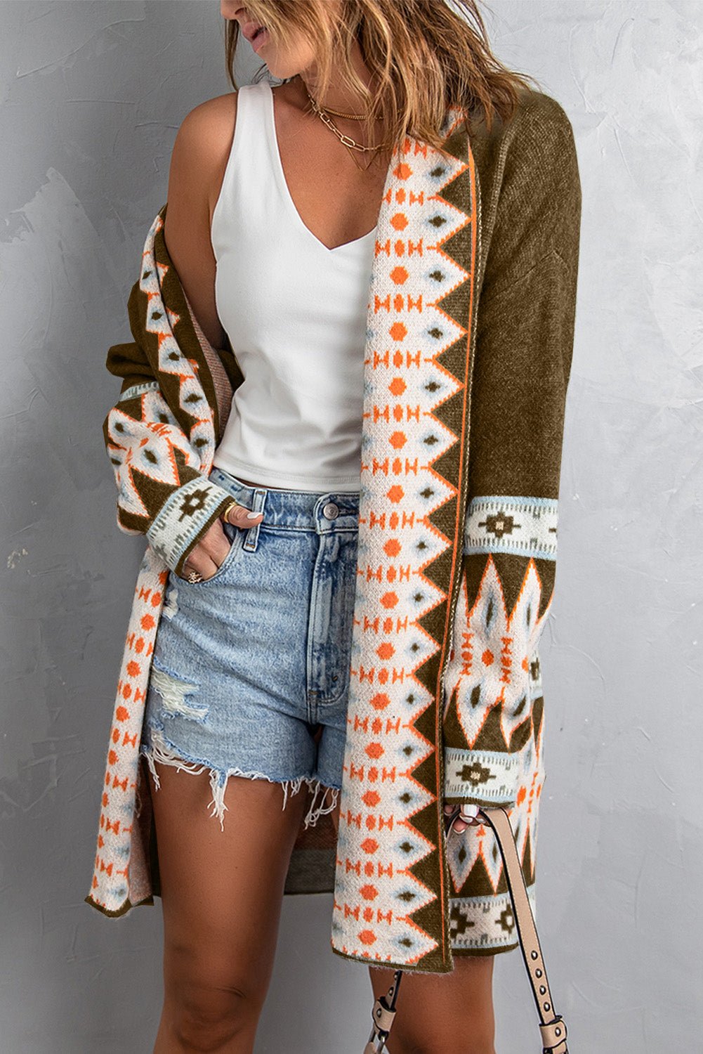 Brown Aztec Print Open Front Knitted Cardigan - Crowned Energy CO.