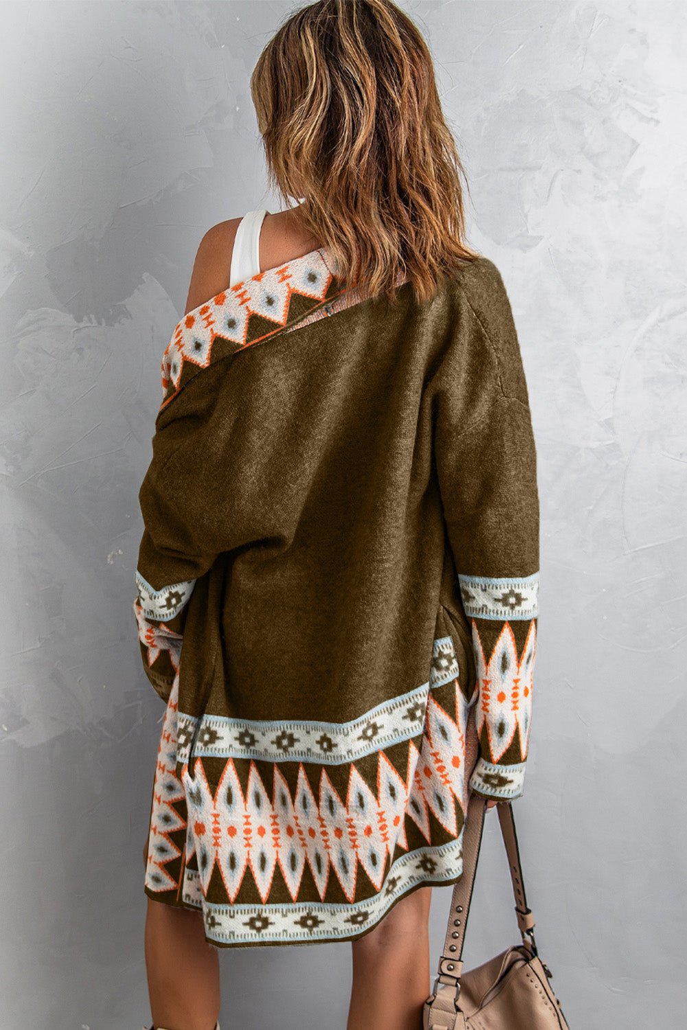 Brown Aztec Print Open Front Knitted Cardigan - Crowned Energy CO.