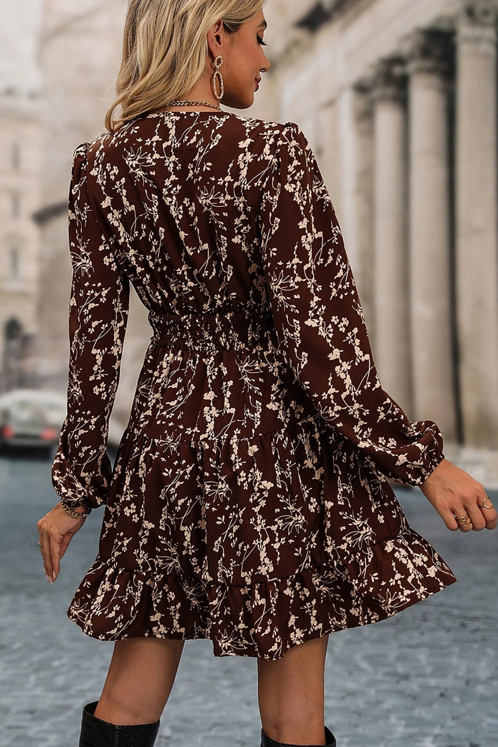 Brown Ditsy Floral Print Split Neck Long Sleeve Shirred Waist Flared Mini Dress - Crowned Energy CO.