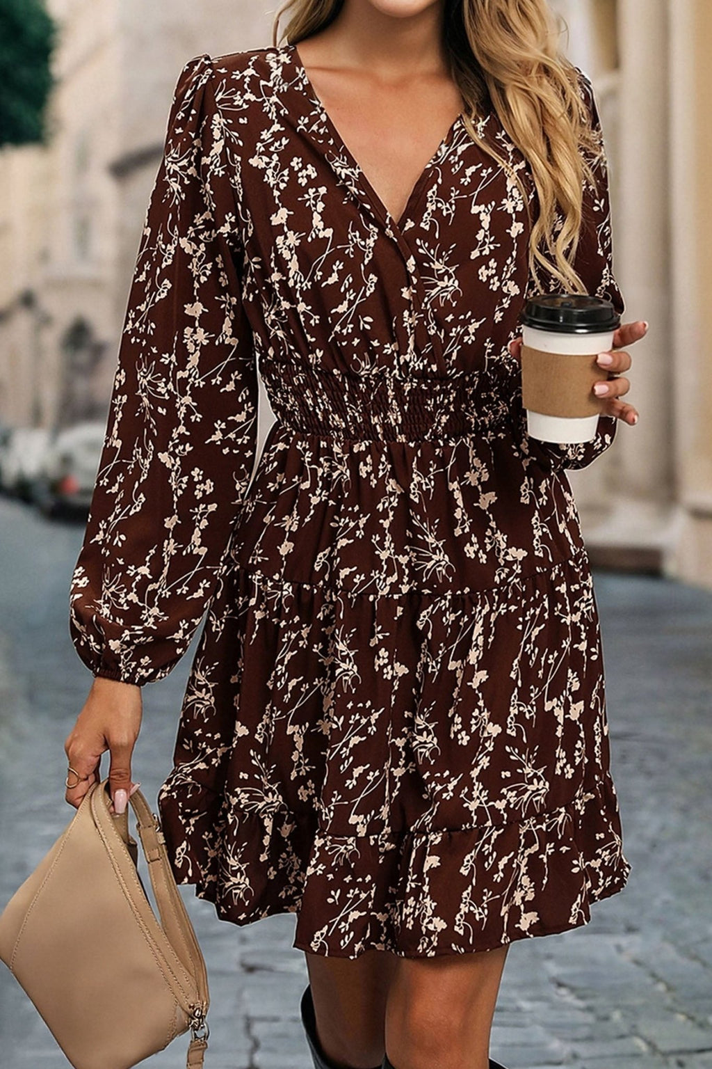 Brown Ditsy Floral Print Split Neck Long Sleeve Shirred Waist Flared Mini Dress - Crowned Energy CO.