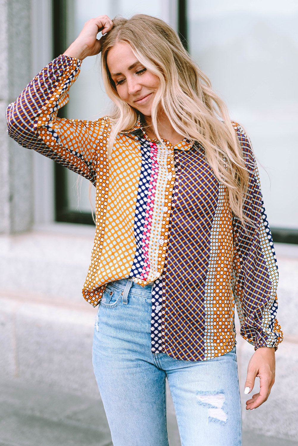 Brown Dot Print Long Sleeve Button Down Shift Shirt - Crowned Energy CO.