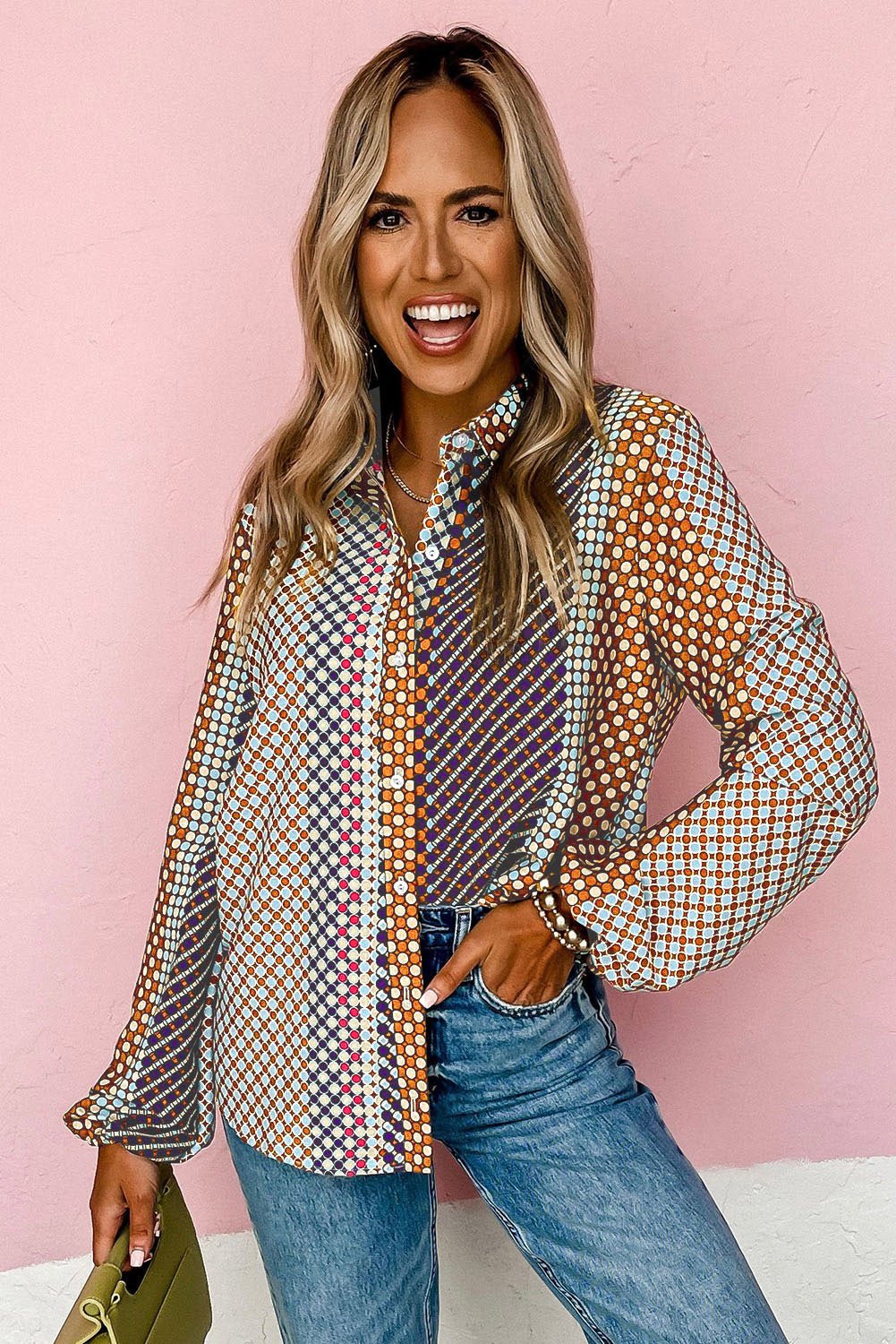 Brown Dot Print Long Sleeve Button Down Shift Shirt - Crowned Energy CO.