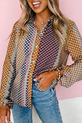 Brown Dot Print Long Sleeve Button Down Shift Shirt - Crowned Energy CO.