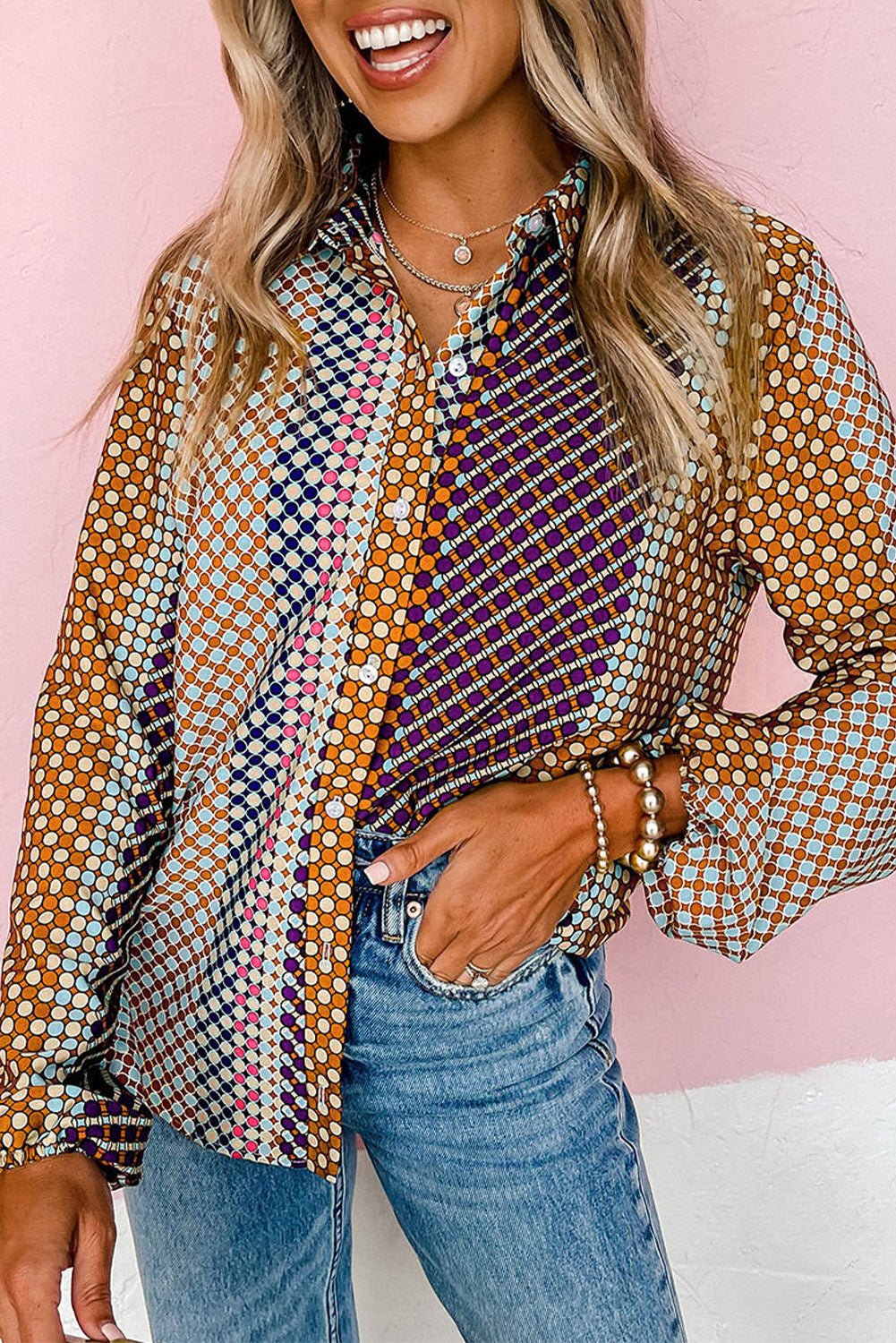 Brown Dot Print Long Sleeve Button Down Shift Shirt - Crowned Energy CO.