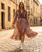 Brown Floral Midi Dress With Floral Print And Ruffle Tiers - Crowned Energy CO.