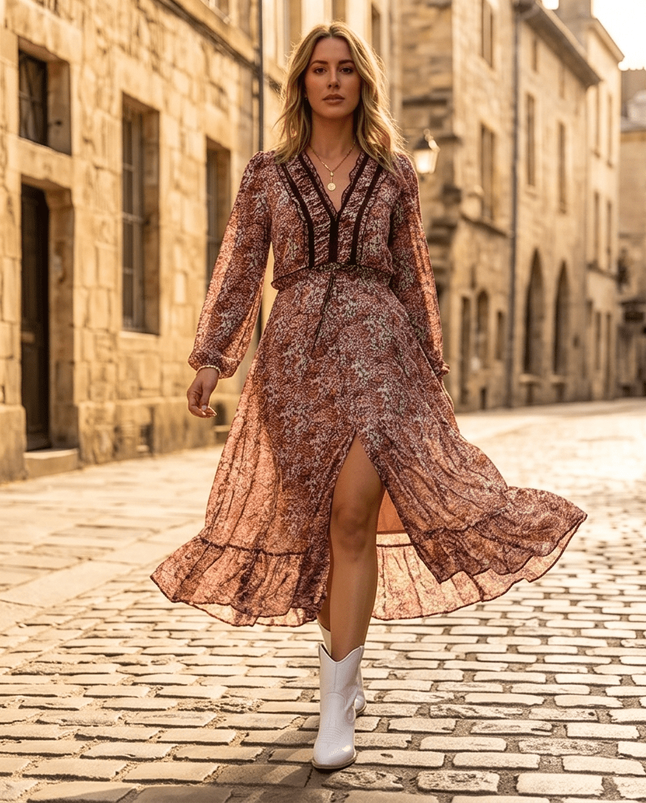 Brown Floral Midi Dress With Floral Print And Ruffle Tiers - Crowned Energy CO.