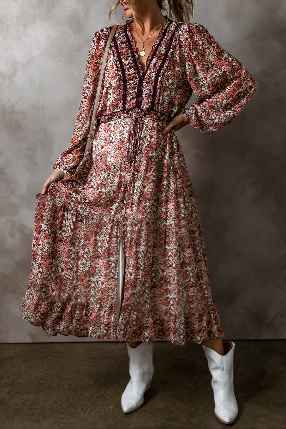 Crowned Energy CO. Brown / S / 100%Polyester Dear-Lover Dropshipping Dresses/Floral Dresses Brown Floral Print Split Front Tiered Frilled V Neck Midi Dress