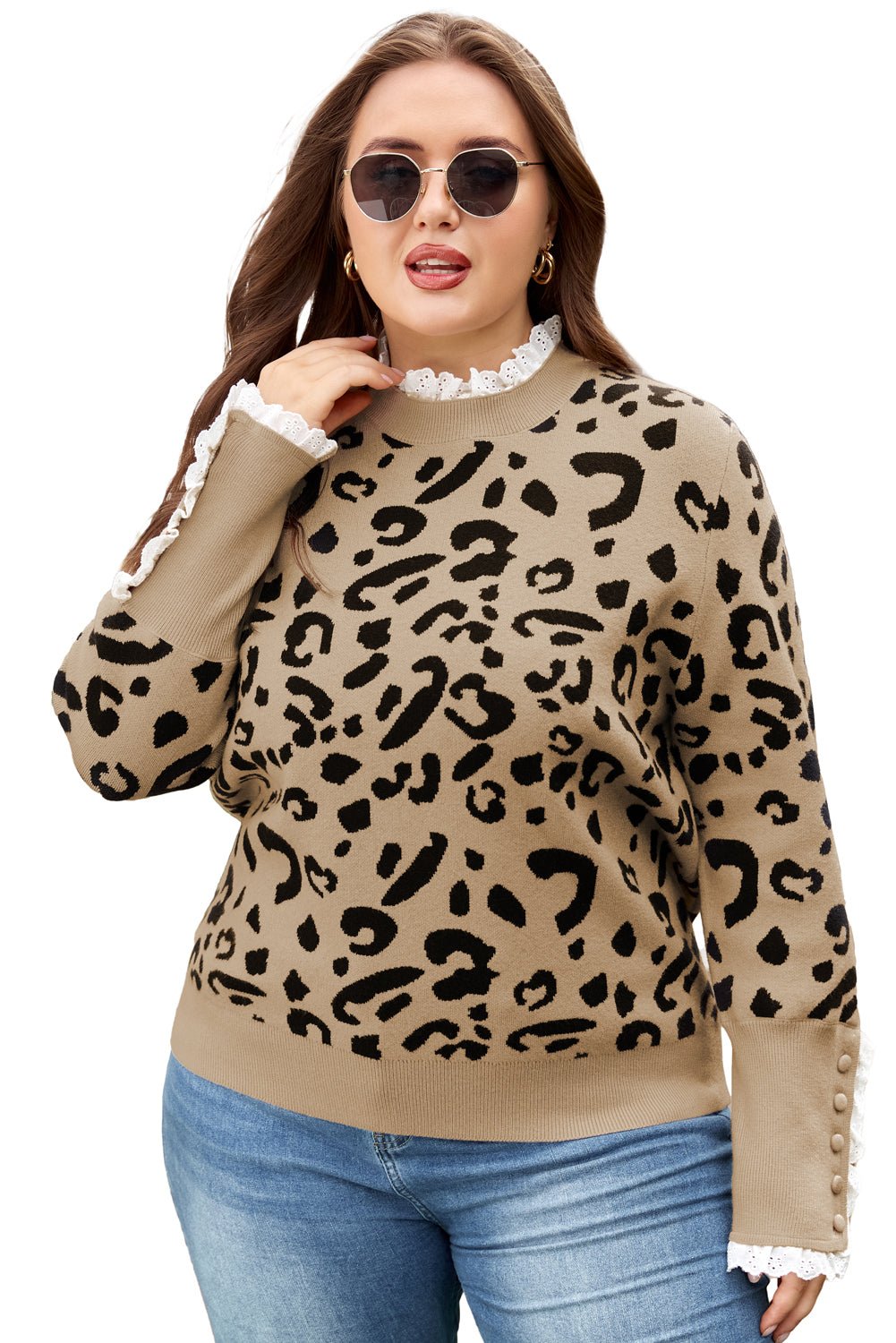 Brown Leopard Knitted Lacy Trim Cuffed Plus Size Sweater - Goddess Vibes