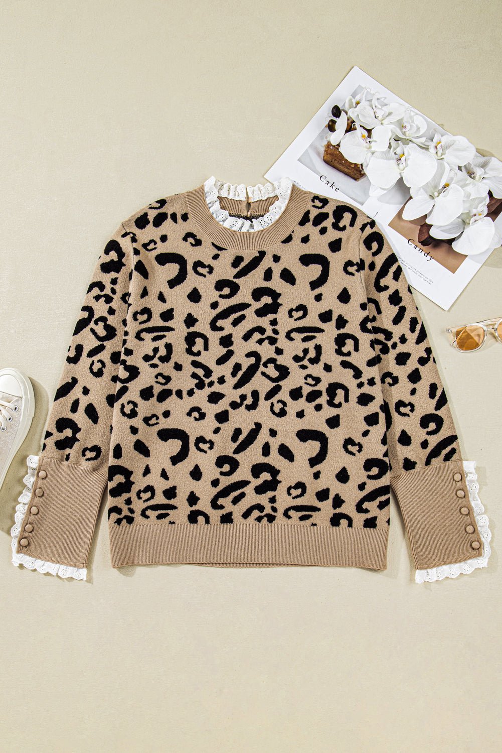 Brown Leopard Knitted Lacy Trim Cuffed Plus Size Sweater - Goddess Vibes