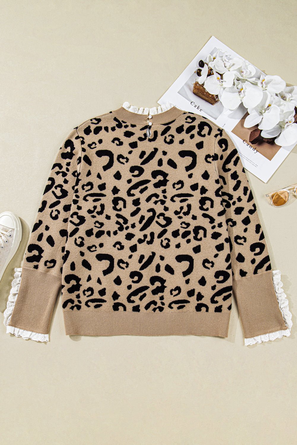 Brown Leopard Knitted Lacy Trim Cuffed Plus Size Sweater - Goddess Vibes