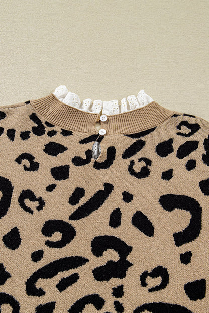 Brown Leopard Knitted Lacy Trim Cuffed Plus Size Sweater - Goddess Vibes