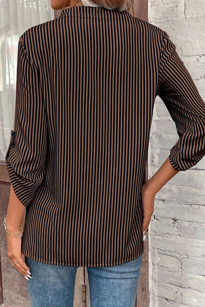 Brown Stripe V Neck Roll Up Sleeve Pocket Patched Classic Shirt - Goddess Vibes
