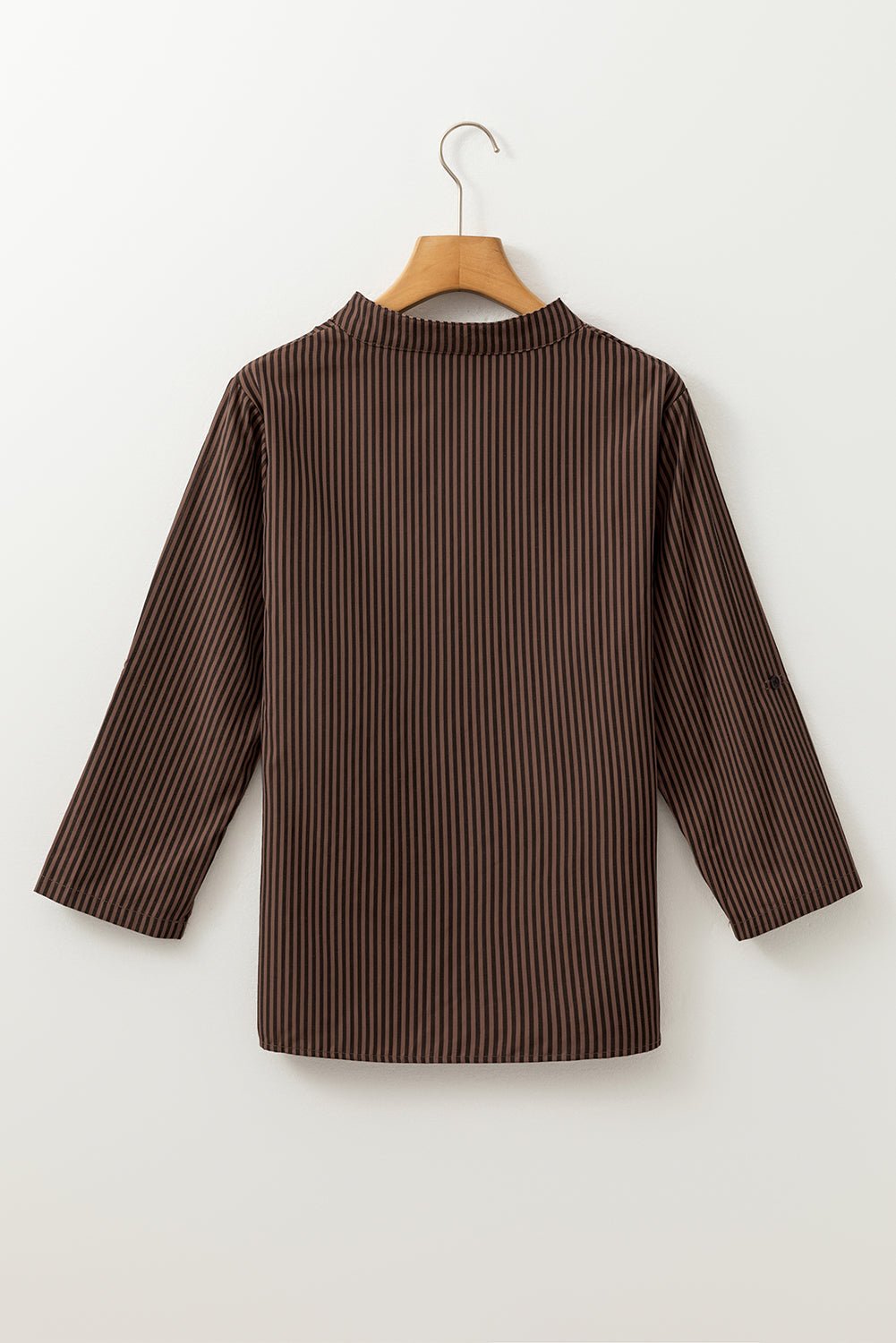 Brown Stripe V Neck Roll Up Sleeve Pocket Patched Classic Shirt - Goddess Vibes